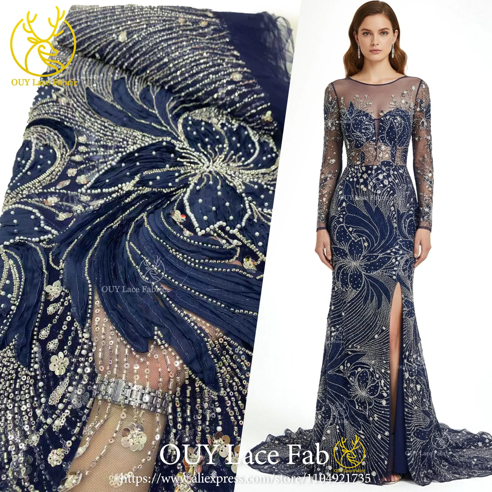

Latest African Sequin Lace Fabric 2026 High-Quality 3D French Embroidered Beaded Lace Fabric Christmas Party Dress Material