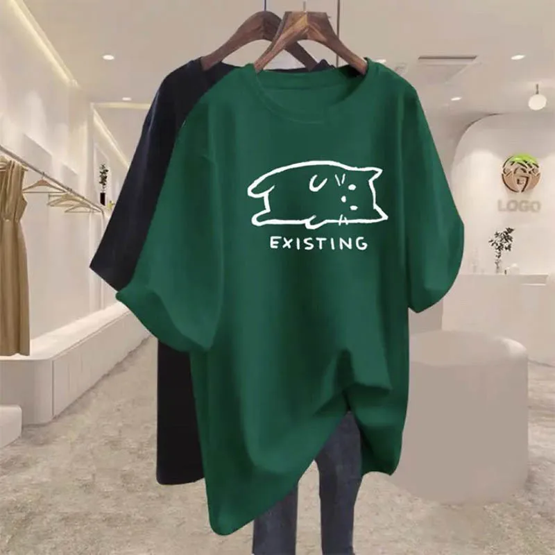 

Women's Clothing Fashion All-match Pure Cotton Basic T-shirt Summer Casual Loose O-neck Short Sleeve Top Lady Hand Drawn Cat Tee