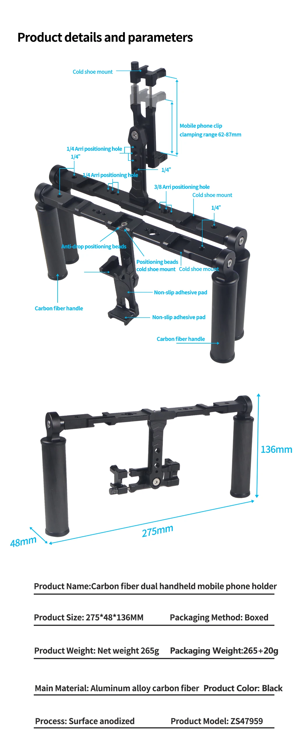 Dualer Handgriff-Halter Gimbal-Griff Stabilisator Video-Rig 1/4 3/8 Zoll Halterung Lichthalterung für GoPro11 für Insta360 X3 Smartphone Vlog – Detail 6