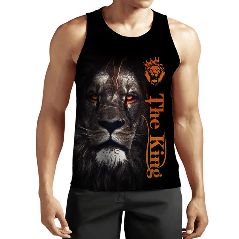 Lion King 3D Animal Letter Print New Tank Tops Summer New Men's Tops Tees Sleeveless Vest Casual Streetwear Gym Sports T-shirts