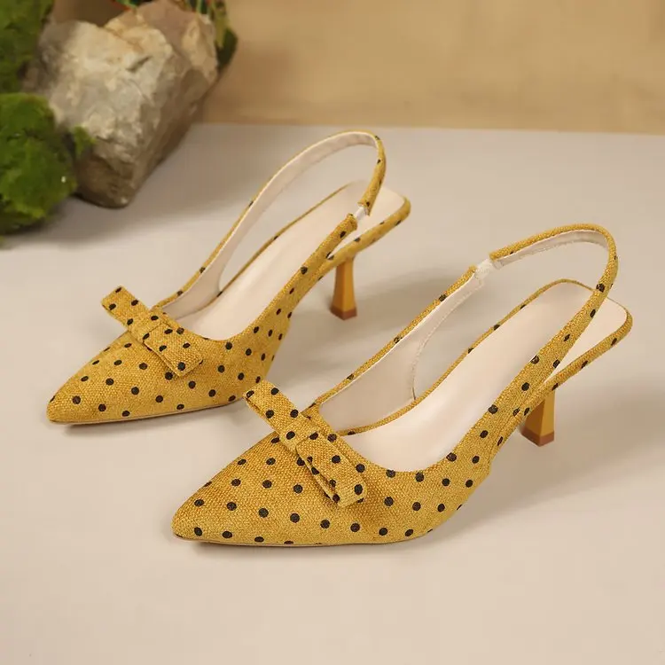 Gepunktete Slingback-Sandaletten mit spitzer Zehenpartie und Schleife für Damen, hochhackige Schuhe – Detail 13