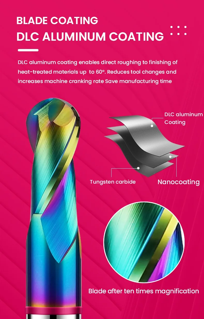AZZKOR 2-Schneiden-Fräser mit farbiger Beschichtung aus Wolframstahl-Karbid für Aluminium, Kugelkopf-Fräser, CNC-Bearbeitung, Fräswerkzeug TGP-HRC60 – Detail 7