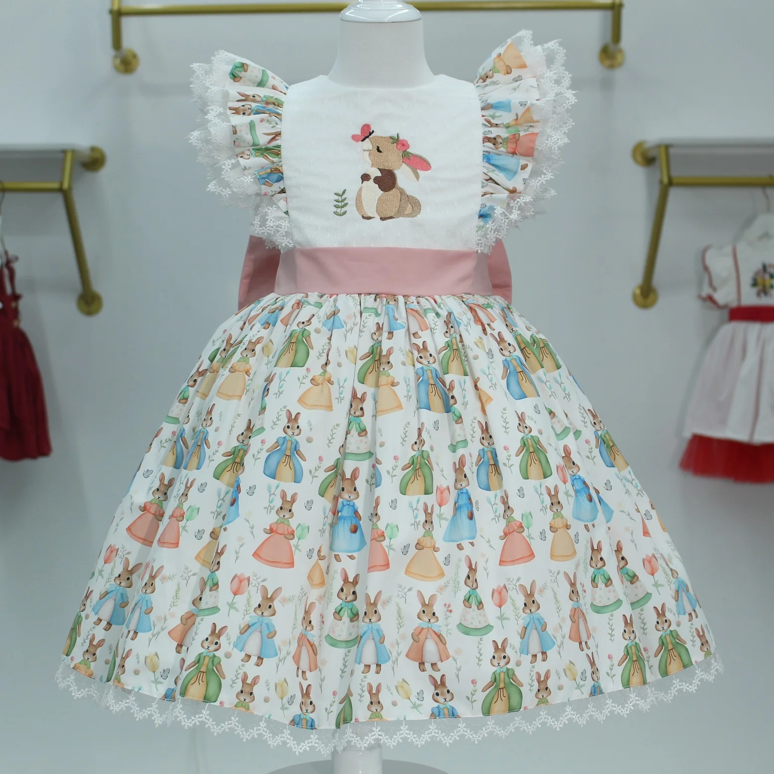 0-12Y Baby Girl Rabbit Embroidery Vintage Princess Dress for Holiday Birthday Photography B305