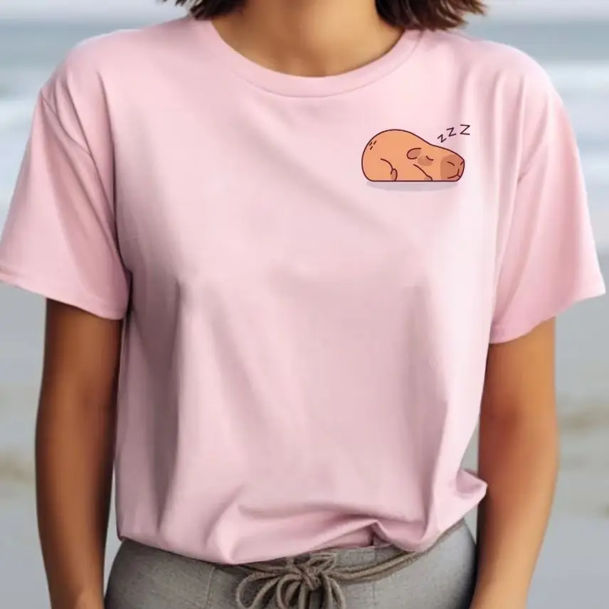 

Y2K Cotton Casual Women‘s T-Shirt Short Sleeve Round Neck Fitted Colorful Cute Cartoon Hand Drawing Sleeping Capybara