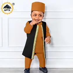African Boy Child Outfit Bazin Riche Hat Vest Top Pant 4 Pieces Muslim Sets Dashiki Casual Agbada Traditional Clothing Y224032