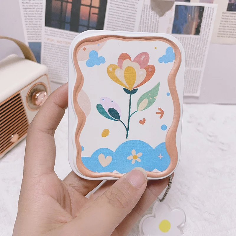 Cartoon Flower Pattern Flip-Top Folding Makeup Mirror Portable Pocket Mirror Rectangle Cosmetic Mirror With Comb For Women Girls