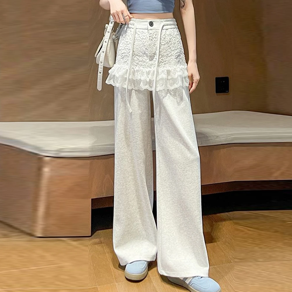 

Lace lace wide-leg sweatpants women's spring summer high-waisted splicing fart curtain drape loose straight casual sweatpants