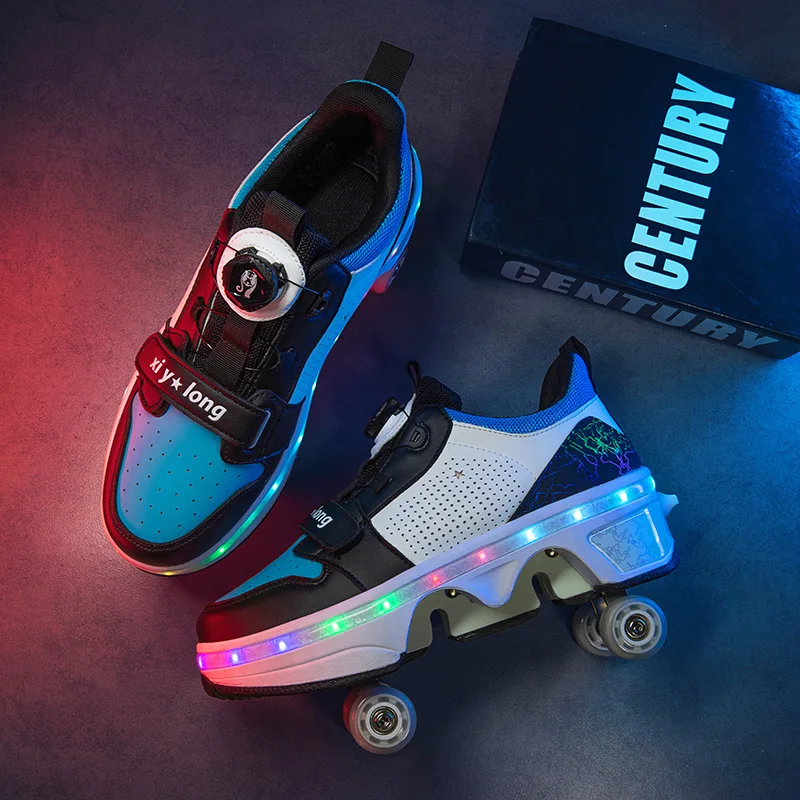 LED Flash Double-Row Four-Wheel Roller Skating Shoes Dual-Use Roller Shoes Men Women Casual Sneakers Sport Walking Running Shoes