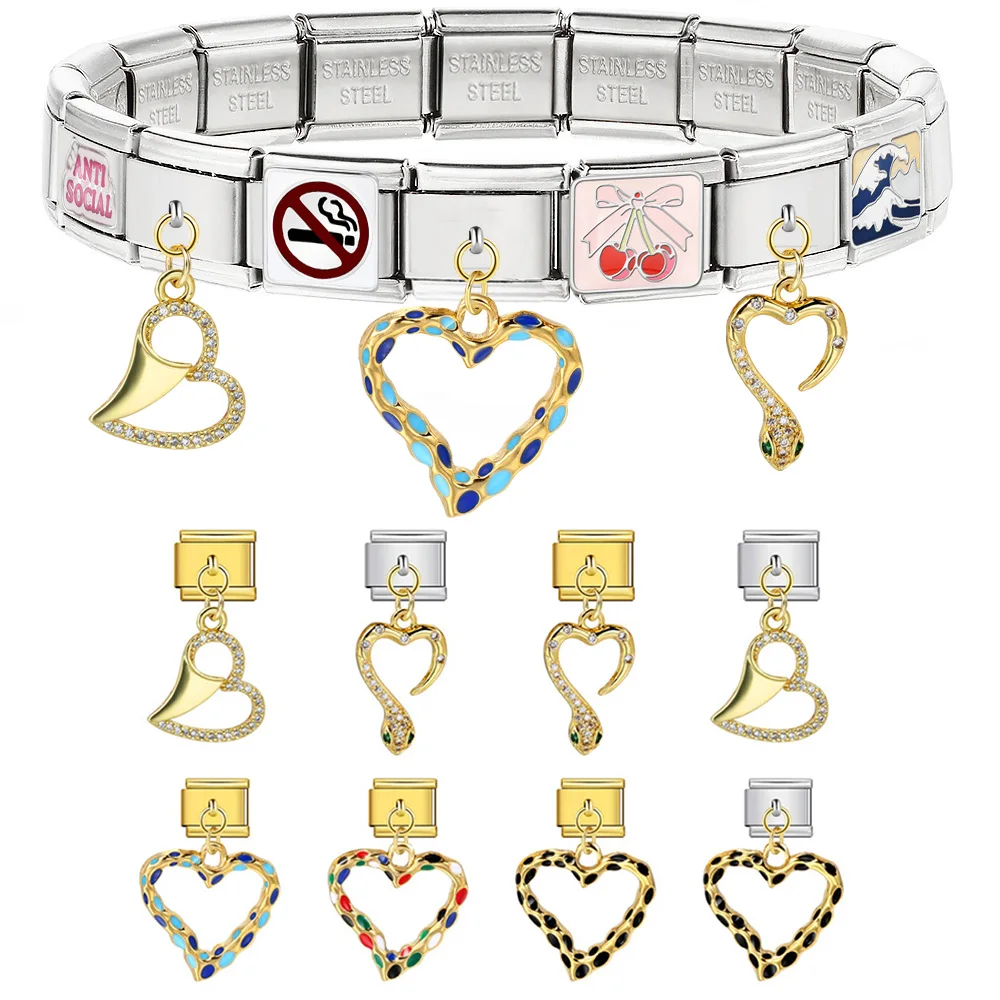 Fashion Romantic Heart Snake Pendant Italian Charm Link Fit 9mm Stainless Steel Bracelet Making DIY Jewelry Beads Wholesale