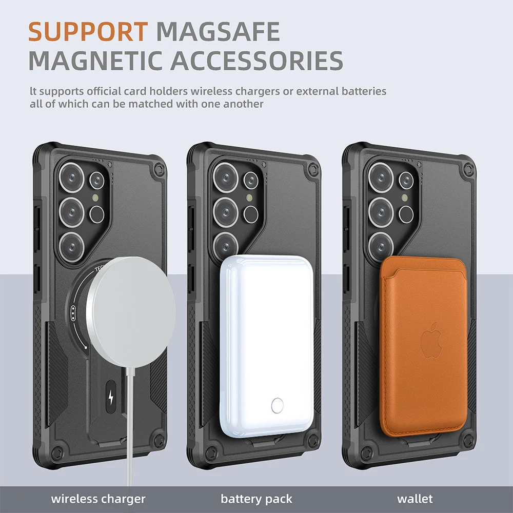 Cool Mecha for Magsafe Magnetic Stand Invisible Support Phone Case for Samsung Galaxy S25 S24 Ultra Hard Anti-fall Back Cover