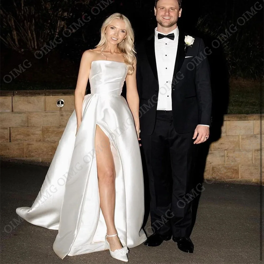 

OIMG Elegant Simple Strapless Wedding Dresses Sleeveless Satin Side Slit Bride Bridal Gowns Sweep Train Vestidos De Novia