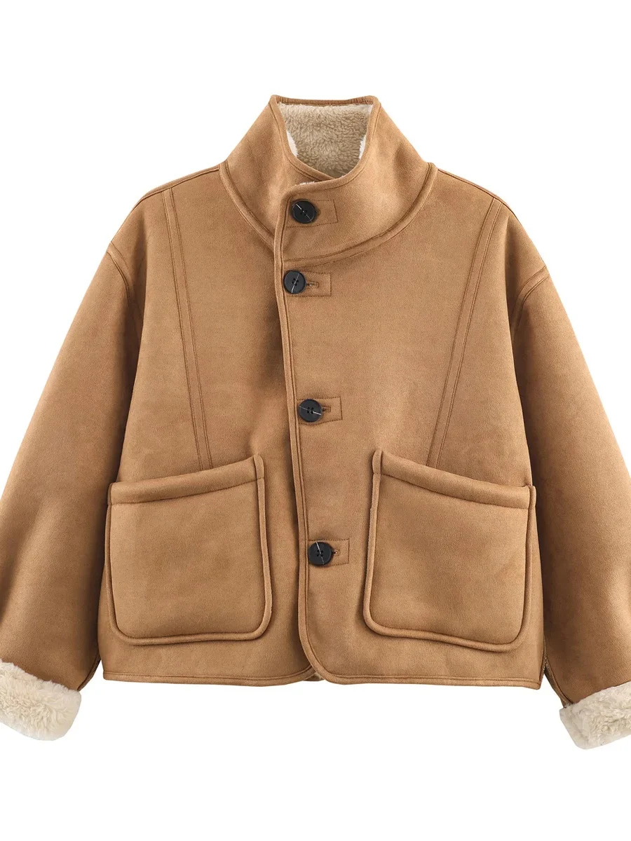 

Women's Double-Sided Wear Loose Fit Stand Collar ort Jaet Faionable Retro Fce Lined Warm Thiened Polyester Fiber