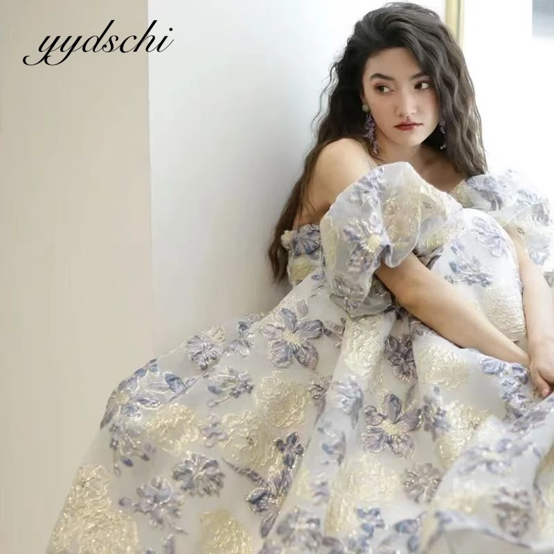 

Customized Elegant A-line Sweetheart Evening Dresses Puff Sleeve Tulle Prom Gown Strapless Floral Wedding Party 이브닝 드레스