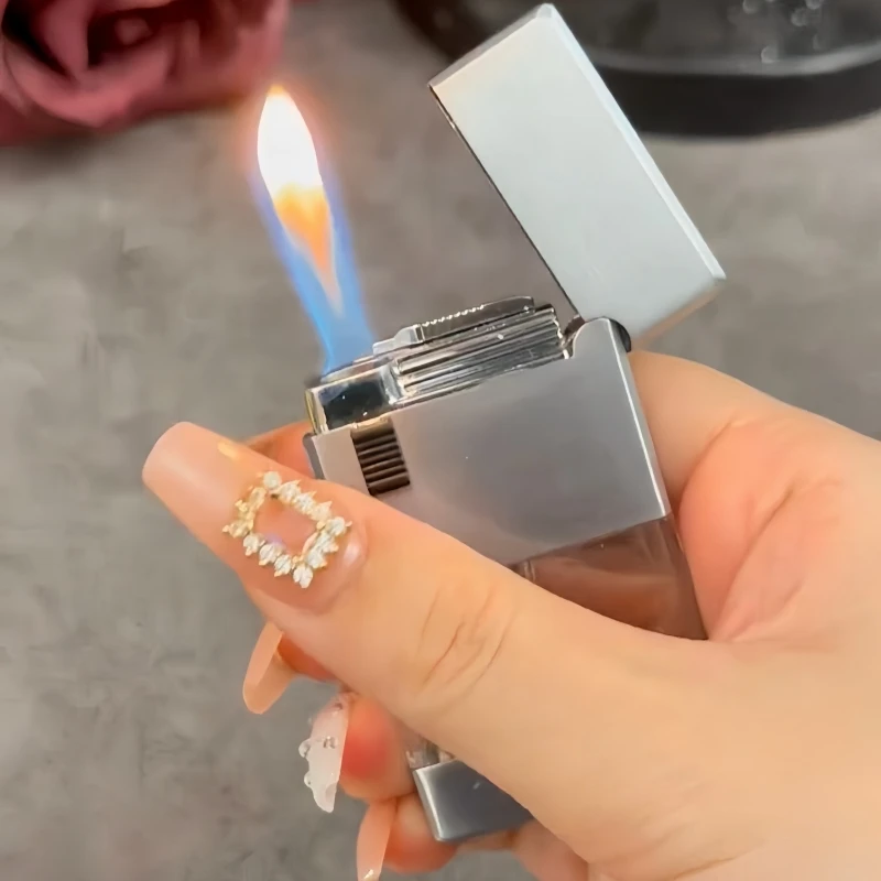 

Hot Selling Dual Flame Transparent Air Chamber Metal Grinding Wheel Lighter Mini Windproof Flashlight Gift Unusual Lighter