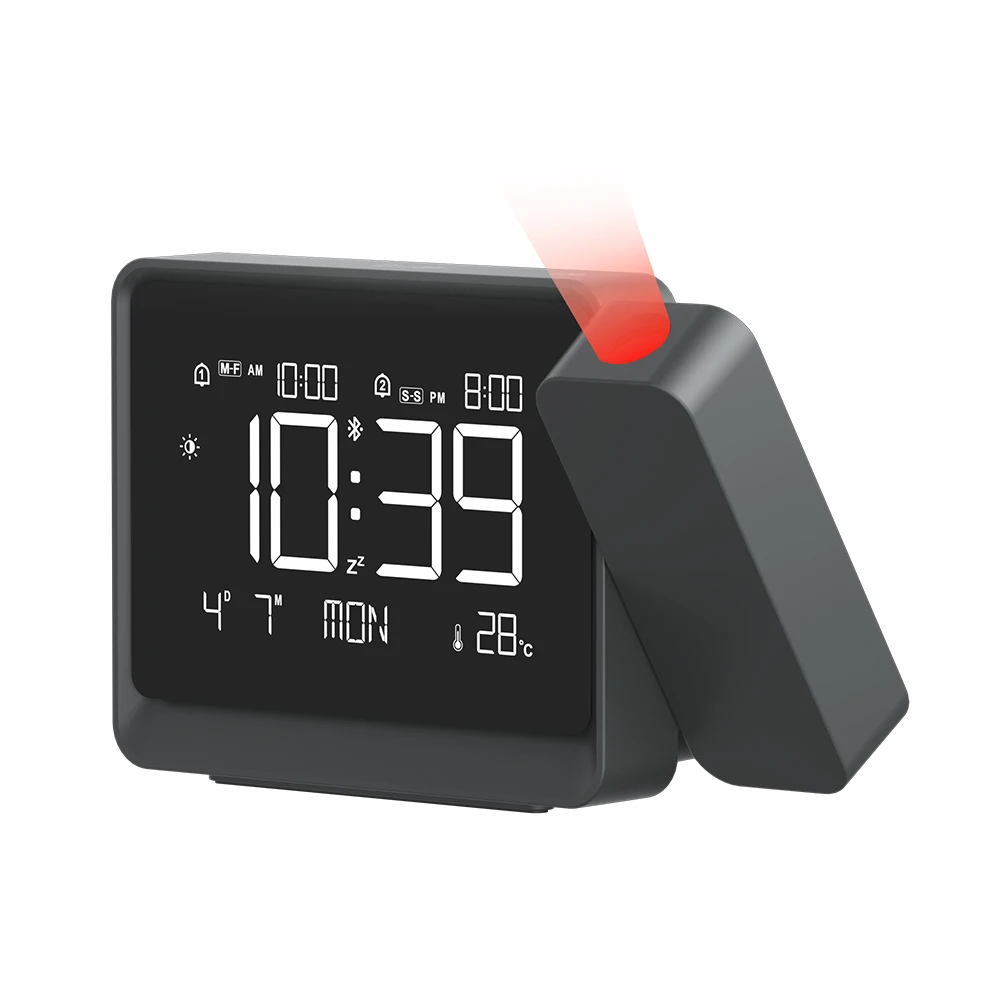 Black Digital Desktop Alarm Clock - Wall Projector with Thermometer, Bluetooth & USB, for Night Light & Time Projection