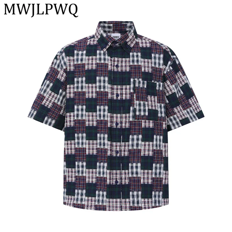 

MWJLPWQ Men Patchwork Plaid Short Sleeve Button-Down Shirt Street Color Block Tartan Casual Blouse Summer Daily Wear Tops 15549