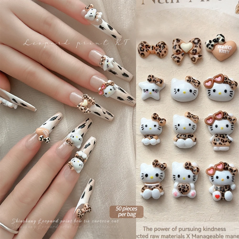 

50 шт. 3D мини-леопардовый принт Hello Kitty, подвеска для ногтей, каваи, леопардовый бант, звездное сердце, стразы, голова котенка, украшение для дизайна ногтей