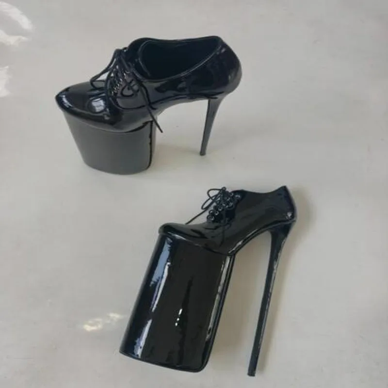 Sexy Black Patent Leather Extreme Platform Super High Stiletto Heels Pumps Women Round Toe Lace-up Front Pole Dance Heels Shoes