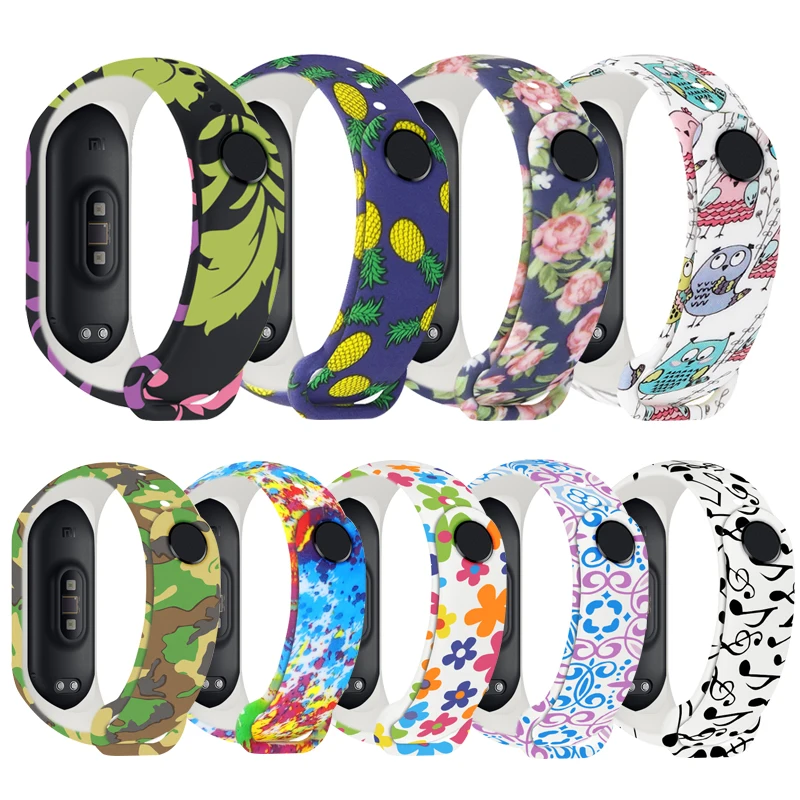 Strap For Xiaomi Mi Band 6 5 4 3 Clolrful Printed Wrist Silicone Strap For MIband 5 6 4 3 WatchBand Flowers Bracelet Replacement