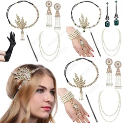 1920s Great Gatsby Dresses Accessories Set for Women Cosplay Flapper Headband Pearl Necklace Bracelet Earring Cigarette Holder