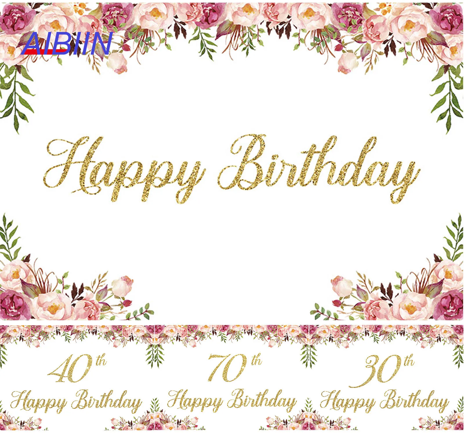 

Happy 30 40 50 60 70 Birthday Backdrop for Women Pink Flowers Gold Written Photography Background Cake Photozone Party Decor