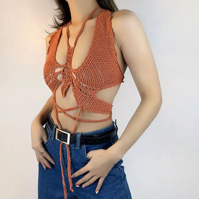 เสื้อชั้นในเสื้อเปลือยหลังผีเสื้อเสื้อบังทรงสำหรับผู้หญิงใส่ฤดูร้อนเสื้อครอปแบบมีเชือกแขวนคอเสื้อสายเดี่ยวสุดเซ็กซี่สำหรับผู้หญิง