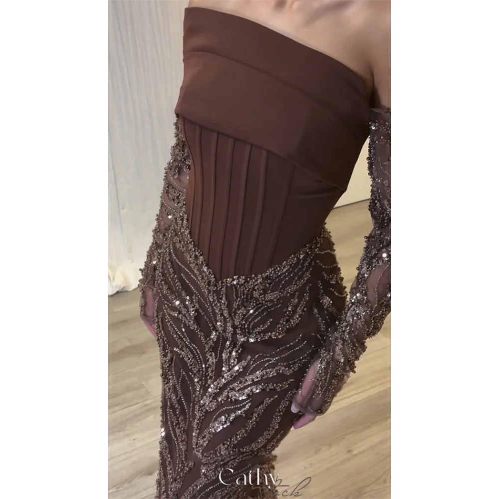 

Cathy Customized Brown Strapless Shiny Lace Prom Dress Detachable Sleeves vestidos de noiva Floor-length Evening Dresses 2025