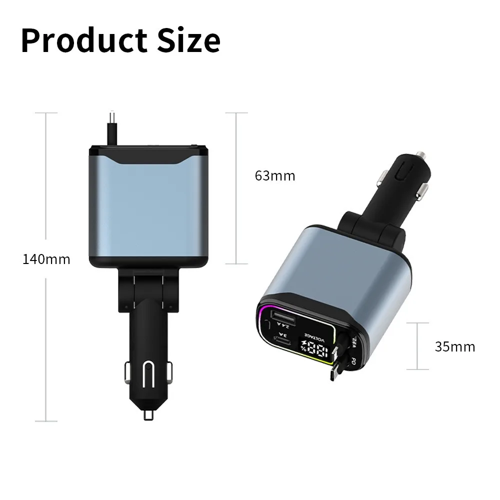 Szybka ładowarka samochodowa z wysuwanym kablem Quick Charge 3.0 Podwójne porty USB Adapter samochodowy do iPhone'a i Androida z wyświetlaczem cyfrowym