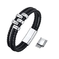 Personalized Bracelet for Men with Name Custom Leather Bracelet Engraved 2-8 Name Beads Braid Leather Bracelet Gift to Father