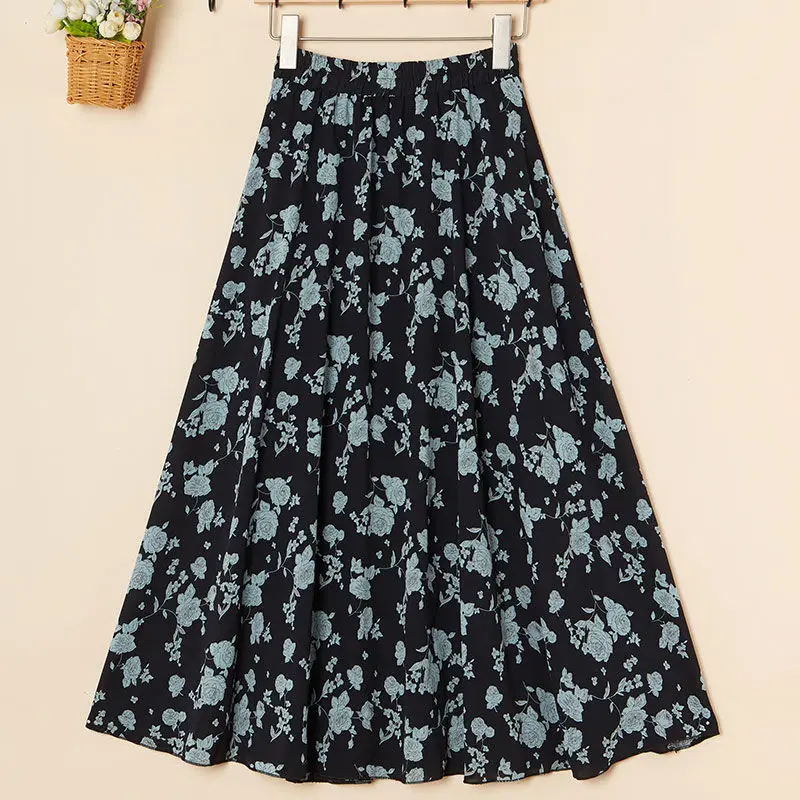 New High Waisted Slim Mid Length Skirt Women's Retro Versatile Pleated Korean Casual Office Silk Floral Skirt Spring Summer