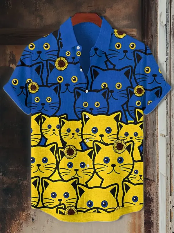 Camisa havaiana com estampa de gato engraçado masculino, camisa havaiana com estampa completa 3d para homens e mulheres, verão, manga curta, lapela, camisa aloha