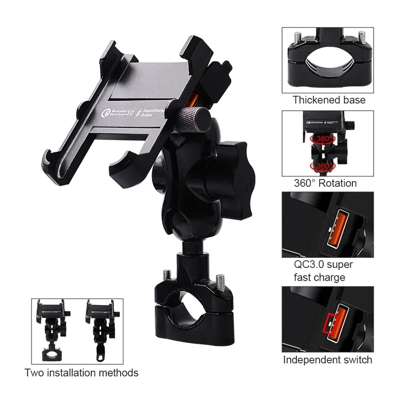 Cauklo  Aluminum Motorcycle Phone Holder QC3.0Quick charge Moto Handlebar Rearview Bracket Stand for 4-6.8 Mobile Phone Mount