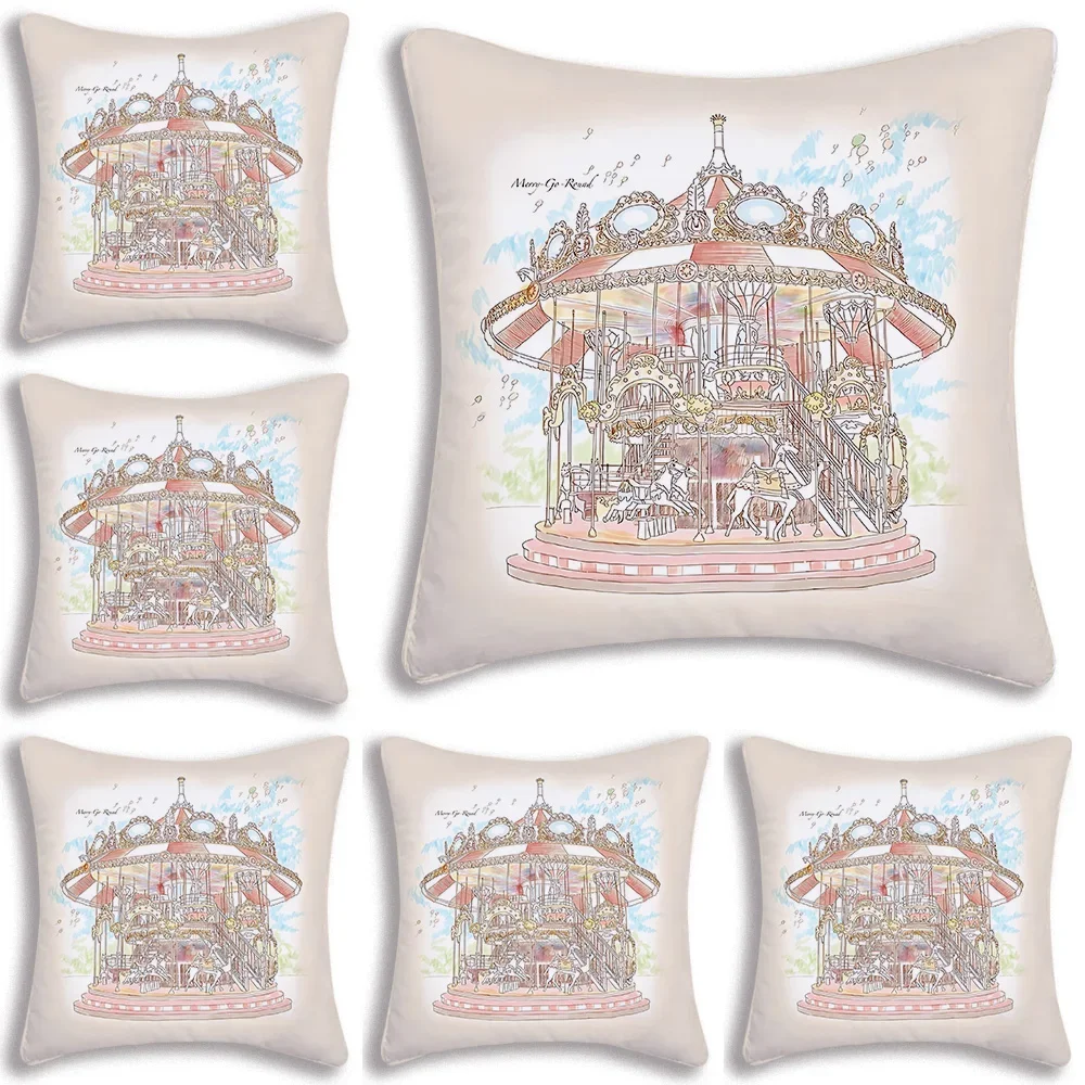 

Pastel Circus Carousel Kawaii Pillow Covers Cartoon Sofa Decorative Home Double-sided Printing Short Plush Cute Cushion Cover