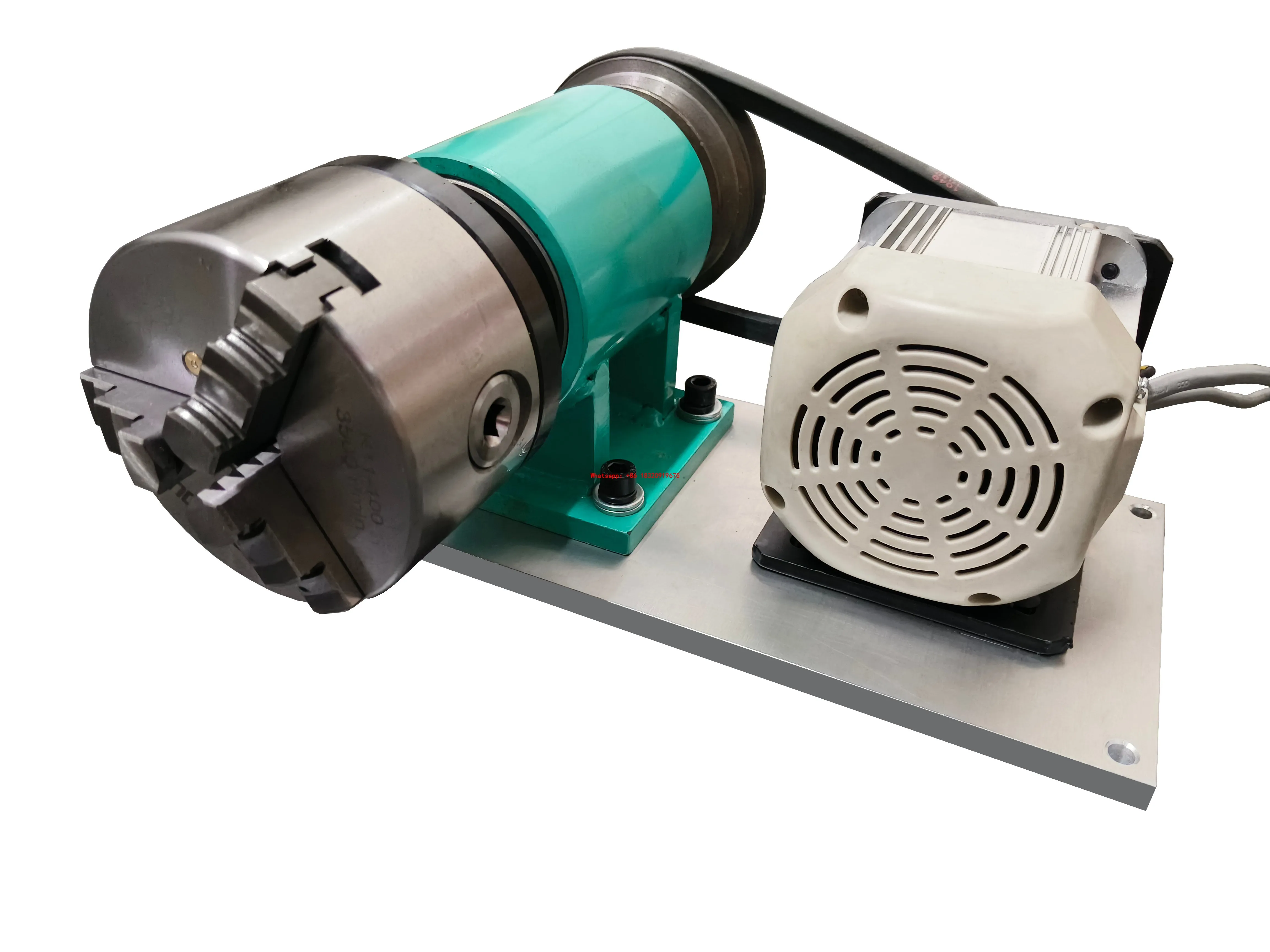 Cyclmotion Pneumatic 3-jaw chuck polishing machine with hollow spindle, motor, and variable speed control.