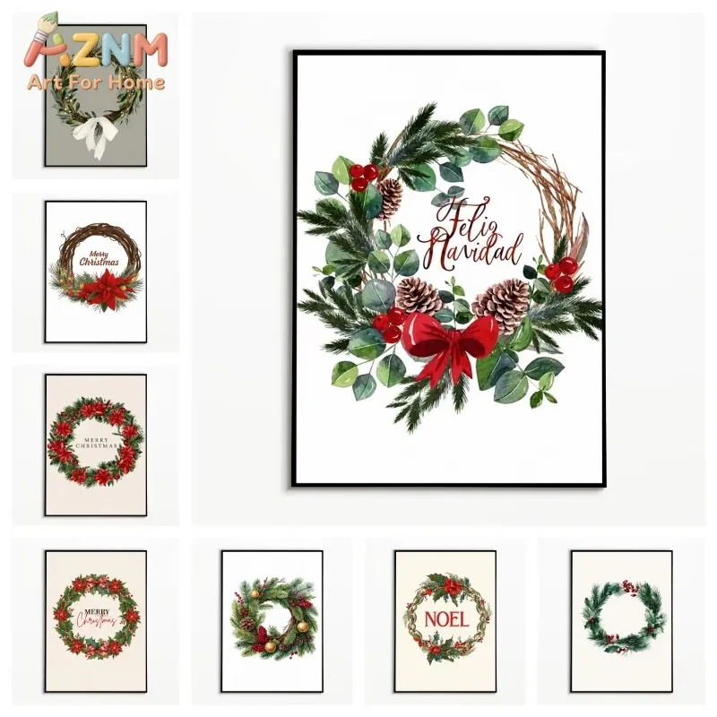 Unframed Christmas Wreath Canvas Wall Art Watercolor Pine Cone Berry Noel Feliz Navidad Print Poster Winter Holiday Living Room