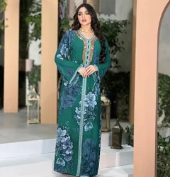 Dubai Print Dress for Women Temperament Diamond Dress Elegant Femme Party Dress Kaftan Femme Musulman Loose Muslim Summer Dress