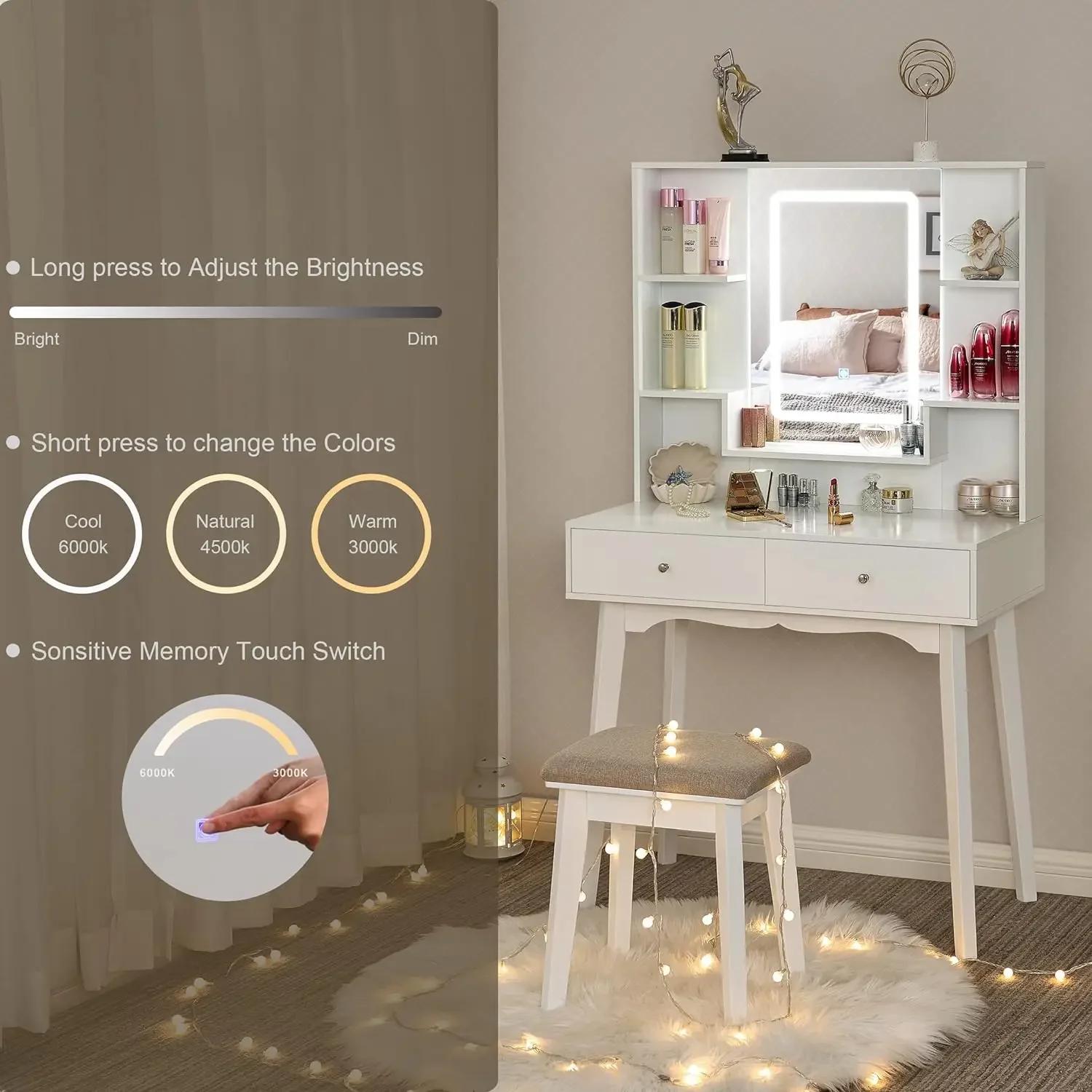 Makeup Vanity Desk Set with LED Lighted Mirror 3 Lighting Colors Adjustable 5 Storage Shelves Cushioned Stool 2 Drawers  White