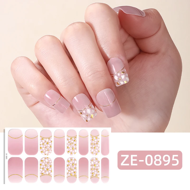 16Tips Pink Glitter Full Cover Nail Sticker Gradient Nail Polish Strips Long-Lasting Self Adhesive Manicure Art DIY Decoration