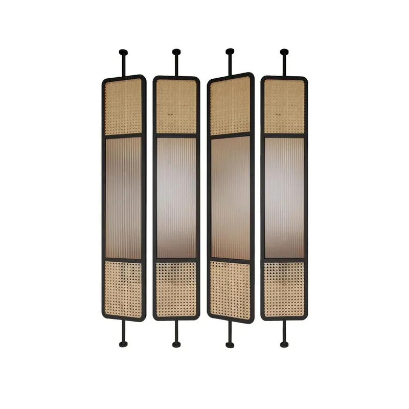 Wrought Iron Room Divider with Changhong Glass and Rattan Accent Modern Privacy Screen Partition for Living Room Entryway