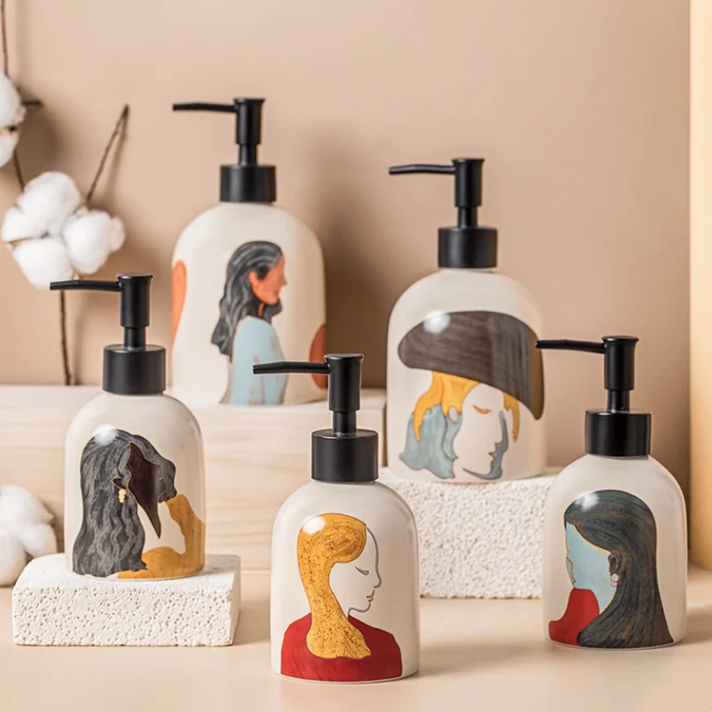 250-430ml Manual Soap Dispenser, Abstract Girl Painting Ceramic Art Lotion Bottle, Shampoo Dispenser, Bathroom Accessories