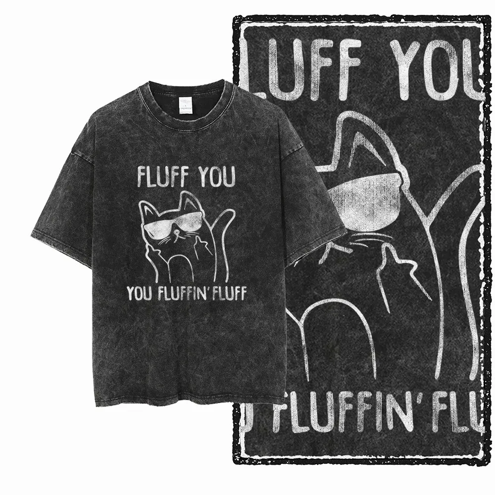 Vintage T Shirt Cat Printed Cotton Acid Washed Exclusive Graphic Unisex T Shirt Cool Streetwear Men Tshirts Big Size Tee for Men