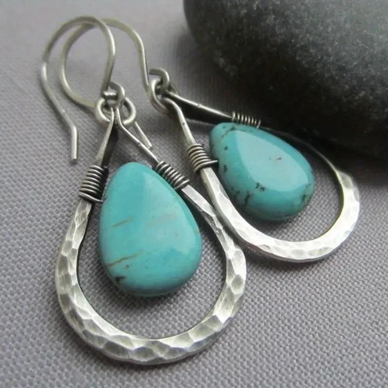 Vintage Droplet Shape Blue Turquoise Decor Dangle Earrings Retro Boho Style Silver Plated Jewelry Tourism Souvenir