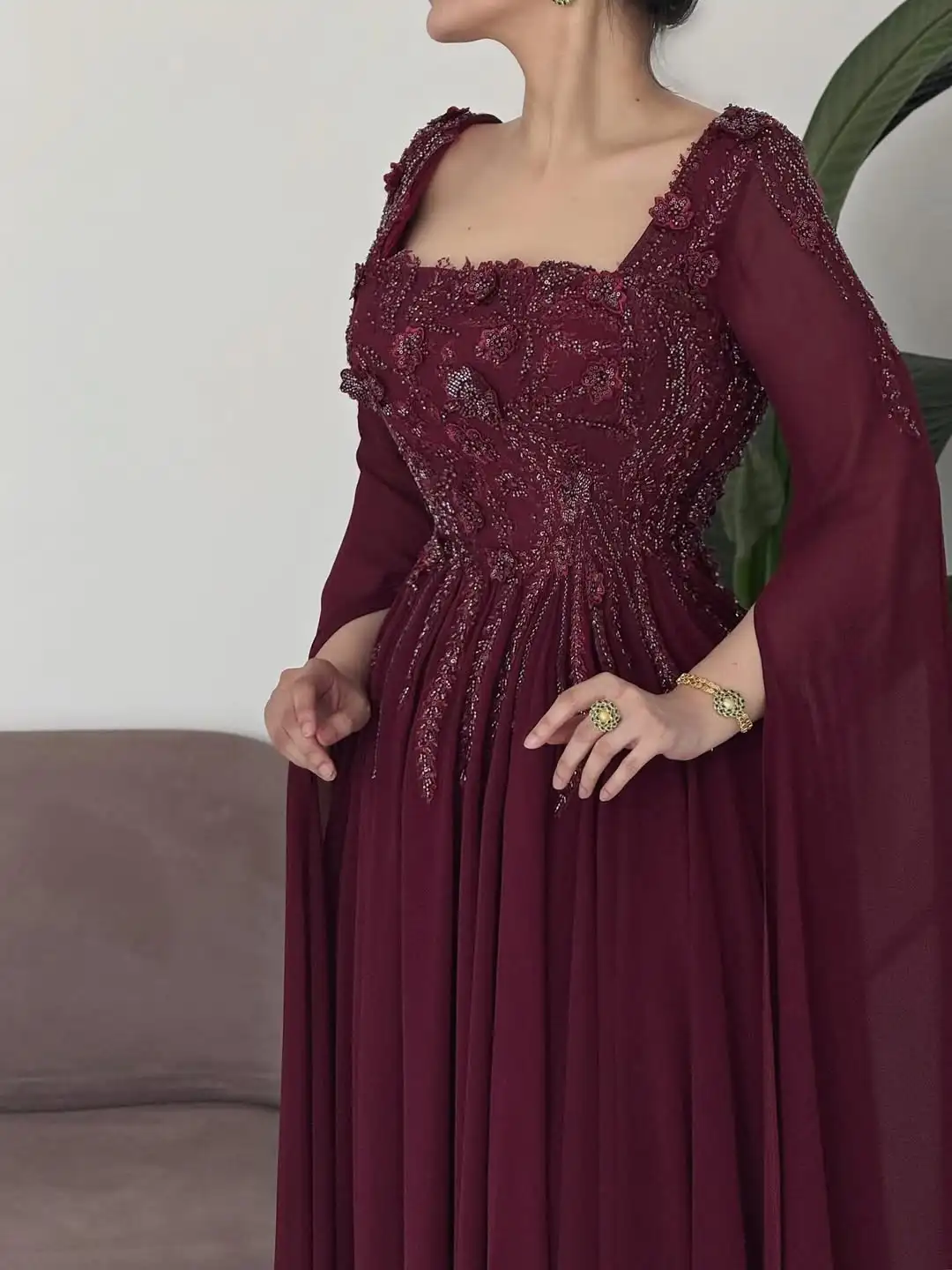 Vestidos de fiesta personalizados de manga larga con cuello cuadrado, listones plisados, vestidos de fiesta hasta el suelo, vestidos de novia