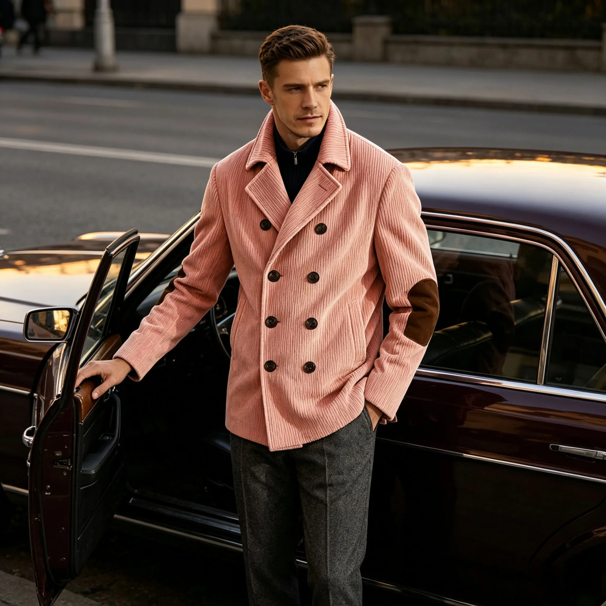 Men's Corduroy Suit Jacket Suede Elbow Patch Double Breasted Blazer Vintage Casual High Quality Pea Coat For Business Daily Wear
