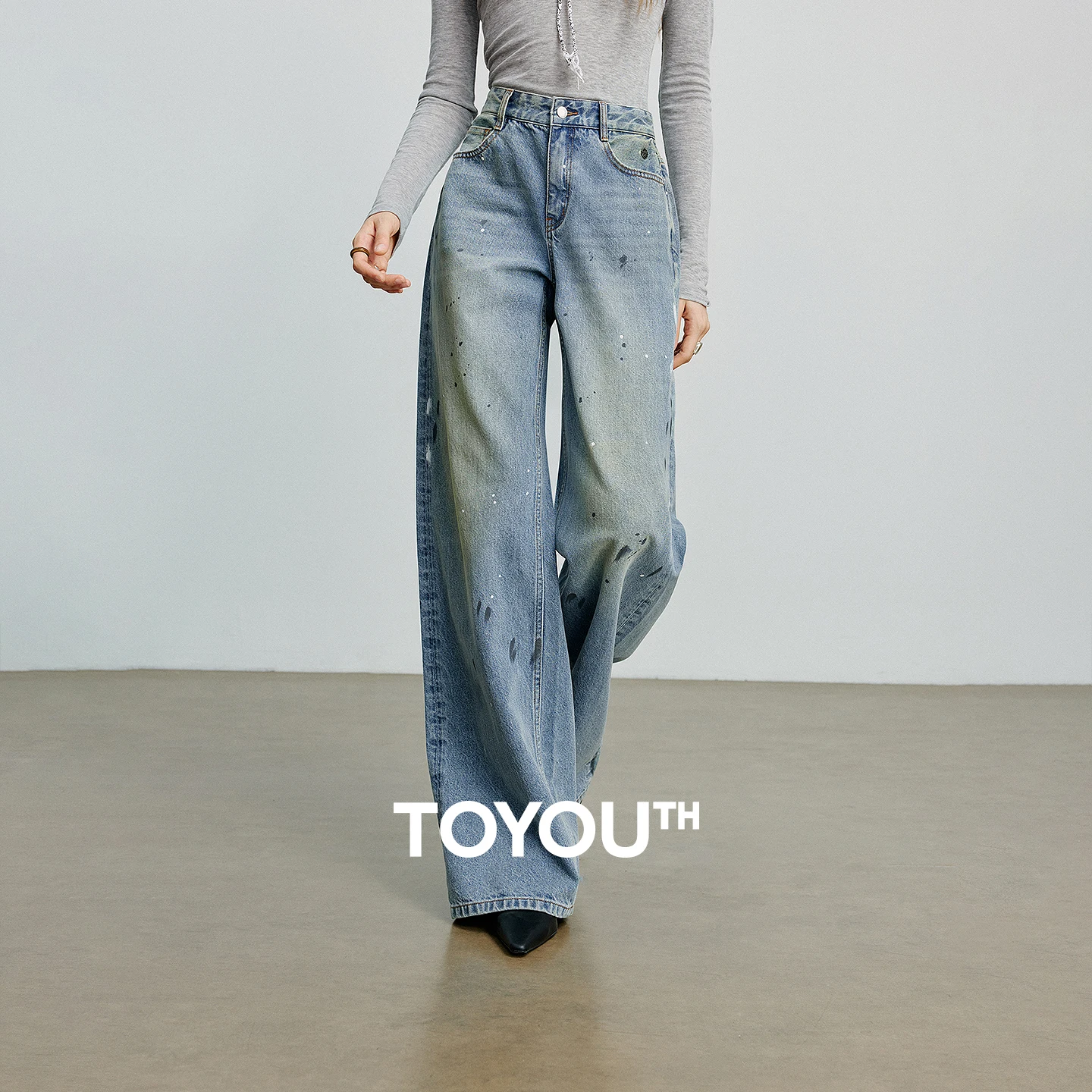 

Женские джинсы TOYOUTH, осень 2021, новые асимметричные хлопковые повседневные джинсовые широкие брюки с брызгами чернил