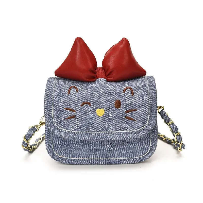 Black Sliver Pink Blue White Cute Cat Face Denim Crossbody Bag Mini Cartoon Shoulder Purse Red Bow Chain Strap for Women Girls