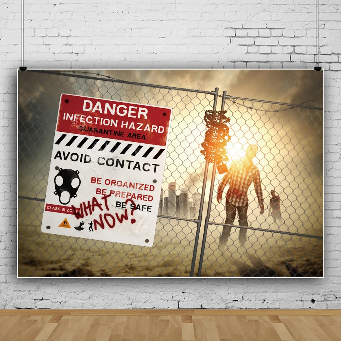 Laeacco Halloween Zombie Backdrop The End World Destroyed City Ruins Scary Blood Warning Kids Portrait Photography Background