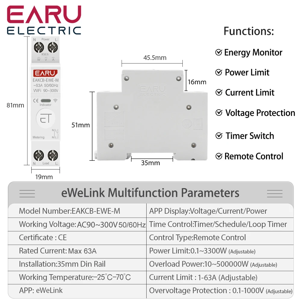 Tuya eWeLink APP 63A 1P+N WIFI Smart Switch Circuit Breaker Kwh Energy Meter Monitor Timer Relay MCB Voltage Current Protection