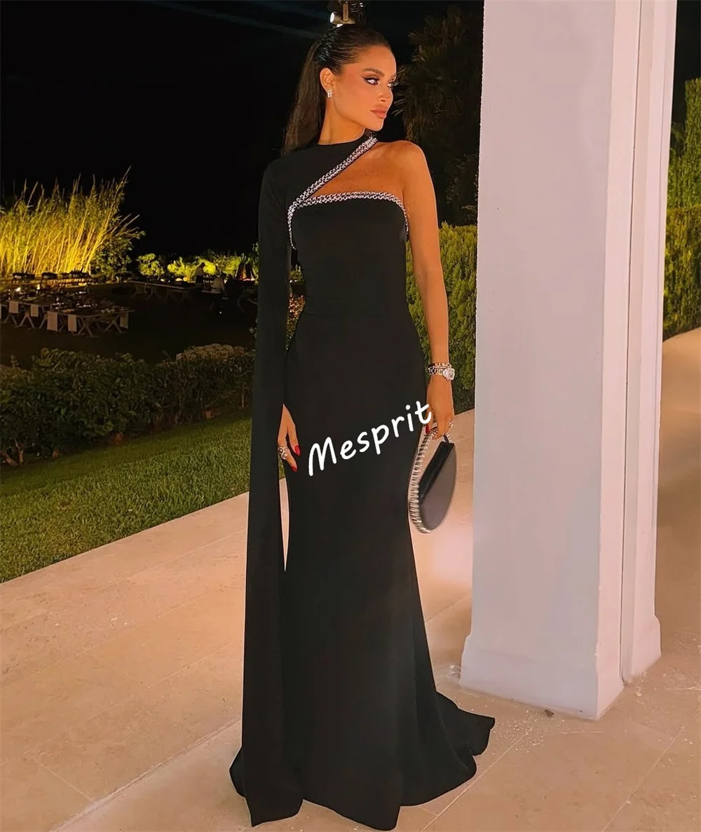 Customized Jersey Rhinestone O-Neck Temperament Black Mermaid Floor-length Bespoke Occasion Women's Evening Glitter High Quality