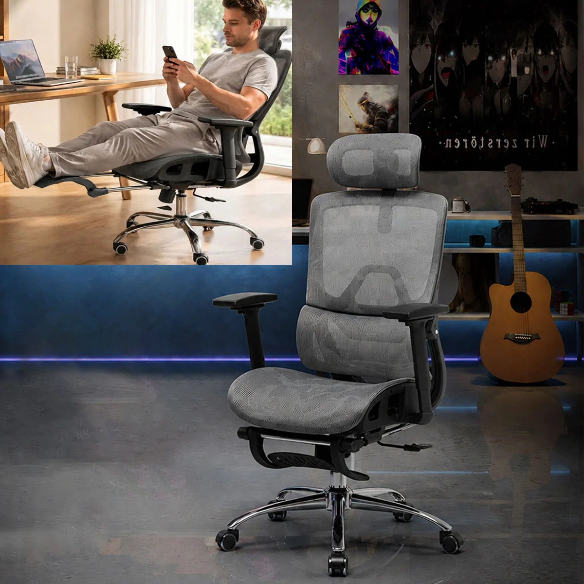 Cadeira de Escritório com Descanso para os Pés, Cadeira Ergonômica, Cadeira para Computador com Encosto Ajustável e Apoio de Braço 3D, Cadeira Gamer com Suporte Lombar